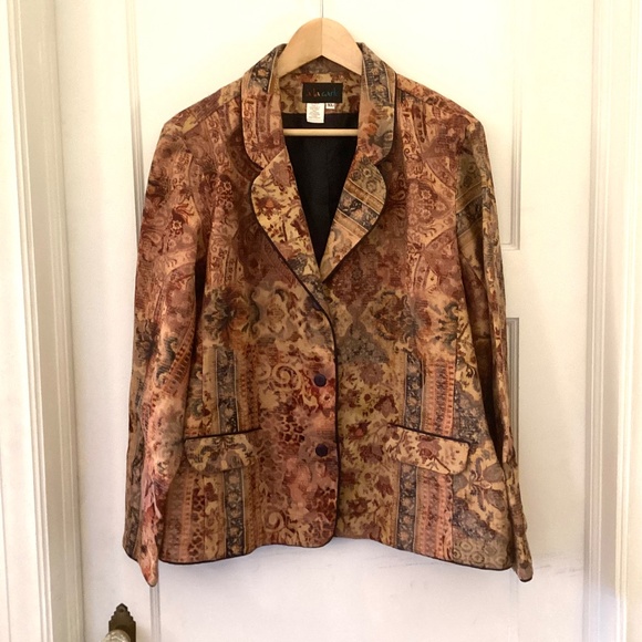 A La Carte Tapestry Blazer XL Mixed Print Gold Brown Scalloped Notched Collar - Picture 1 of 11